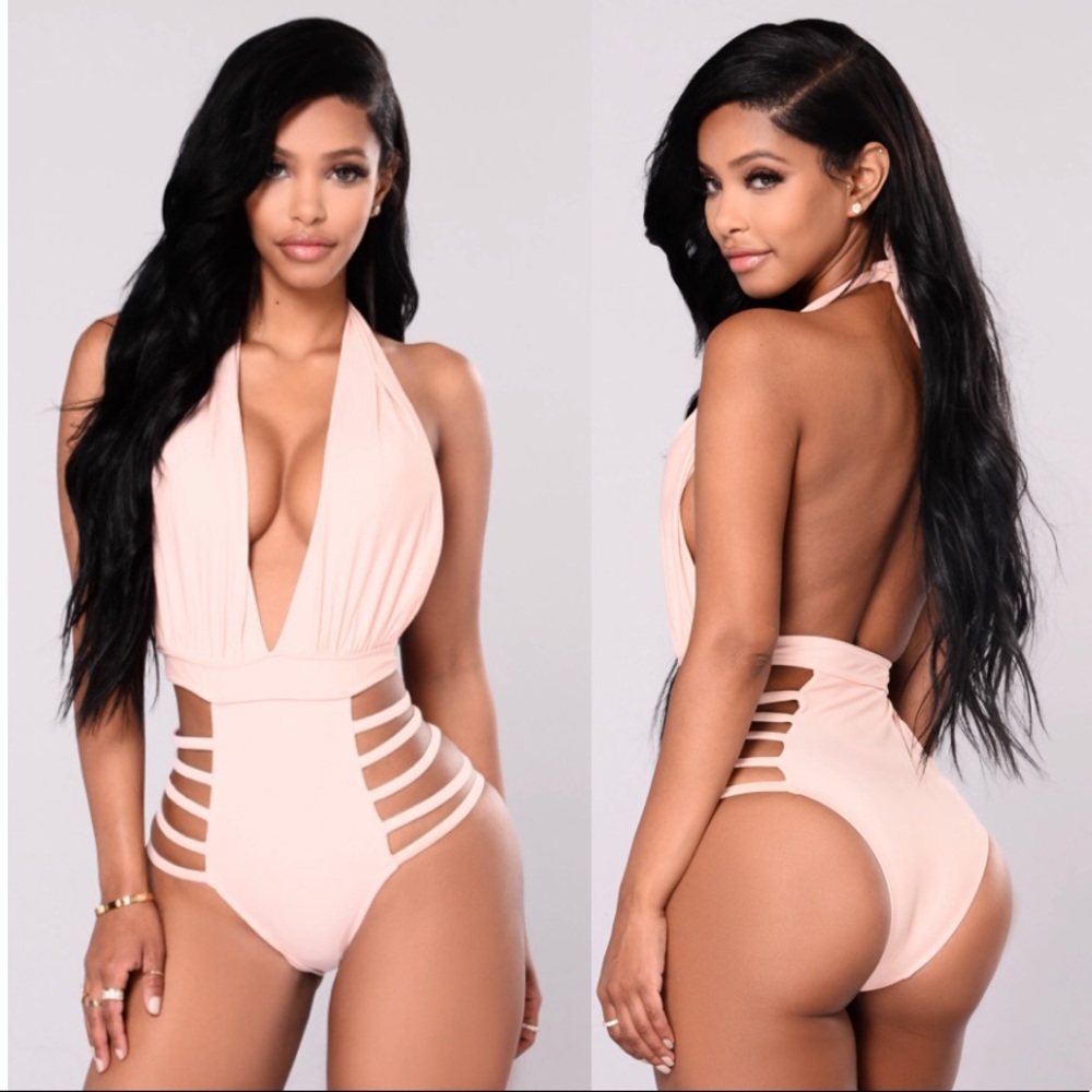 Sexy One Piece Deep V Halter Cut Out Swimsuit - Nude - Size S